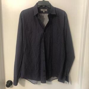 Express Mens Fitted‎ Polka Dot Button Down Shirt Navy Blue Lrge